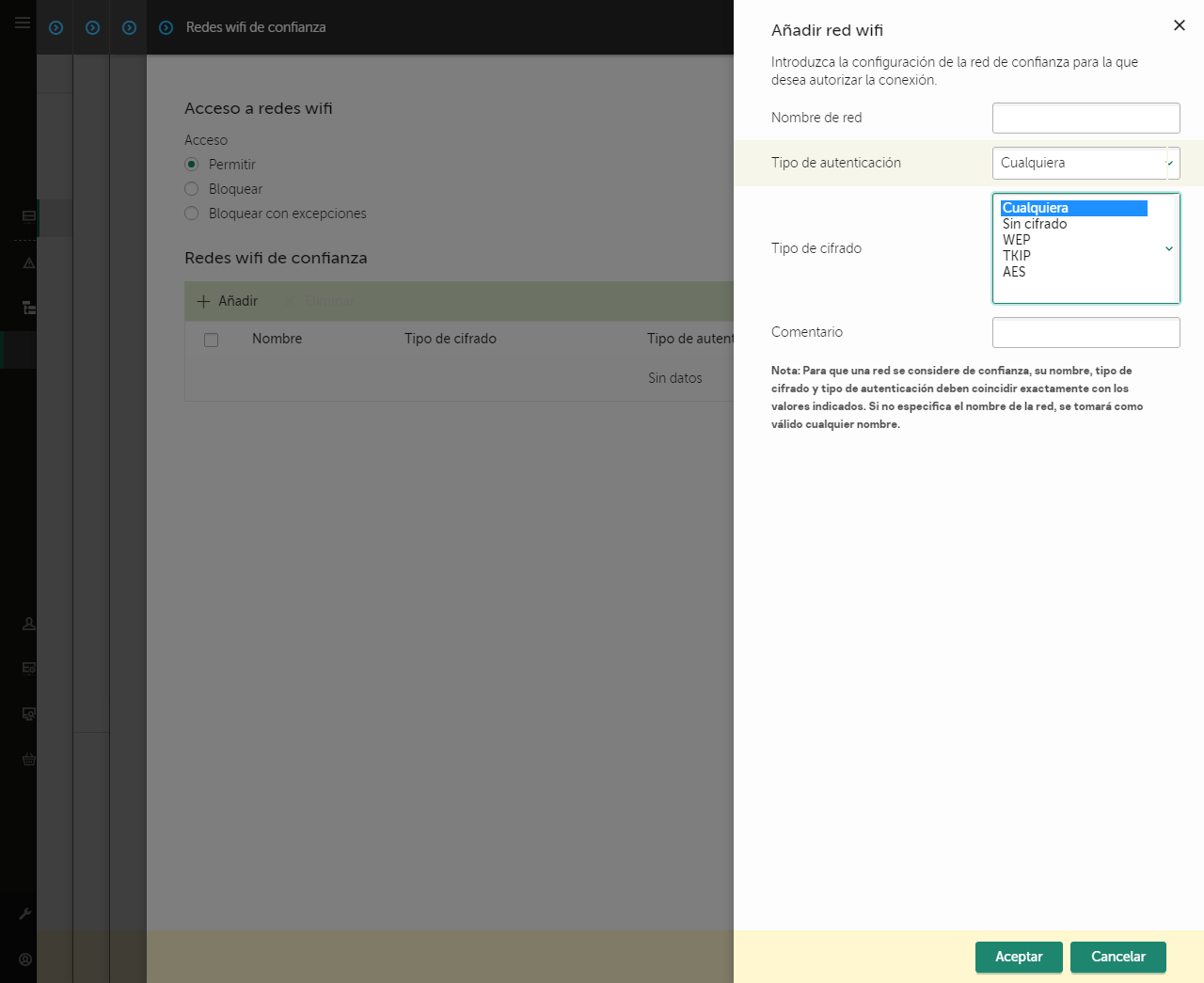 La ventana contiene la configuración de la red wifi de confianza.