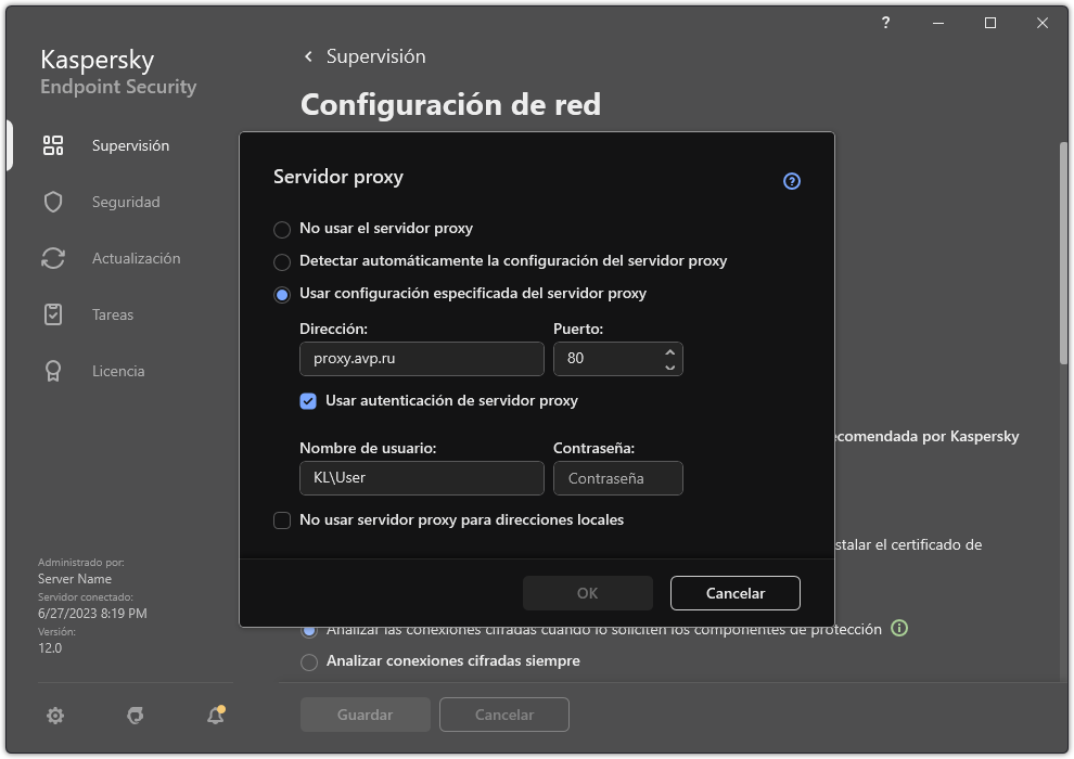La ventana para configurar la conexión del servidor proxy. El usuario puede configurar la dirección del servidor proxy y las credenciales para conectarse al servidor proxy.