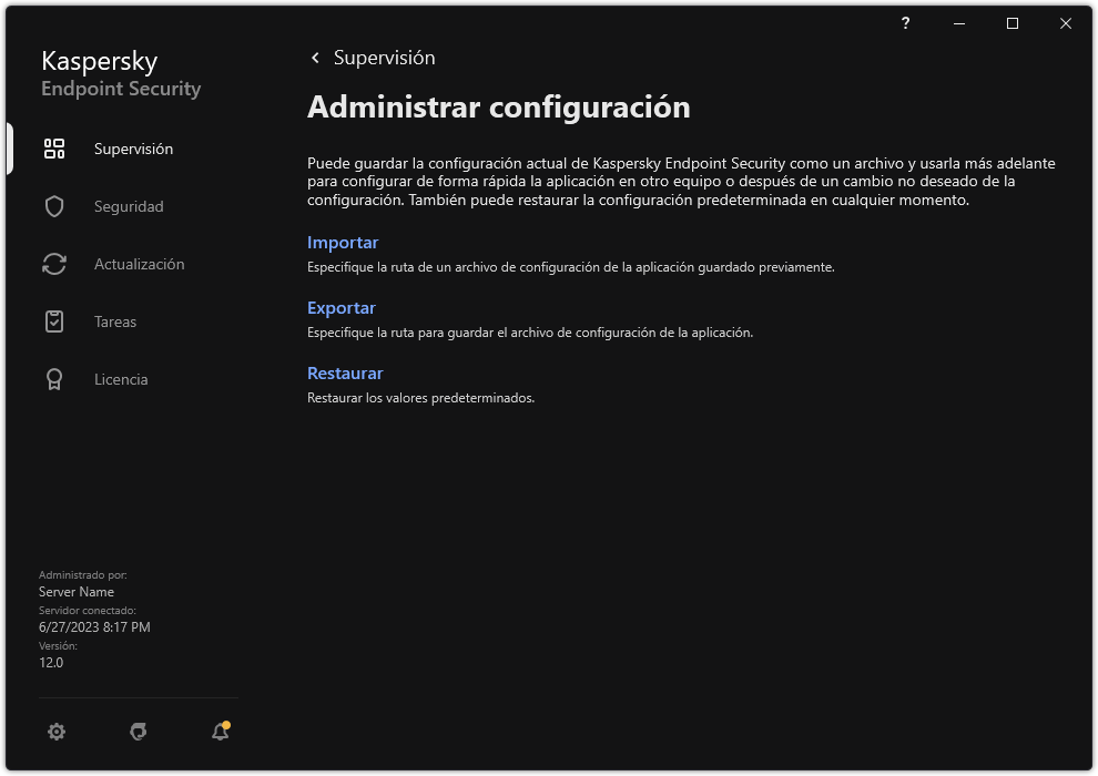 Ventana de configuración de exclusiones. El usuario puede exportar, importar o restaurar la configuración de la aplicación.