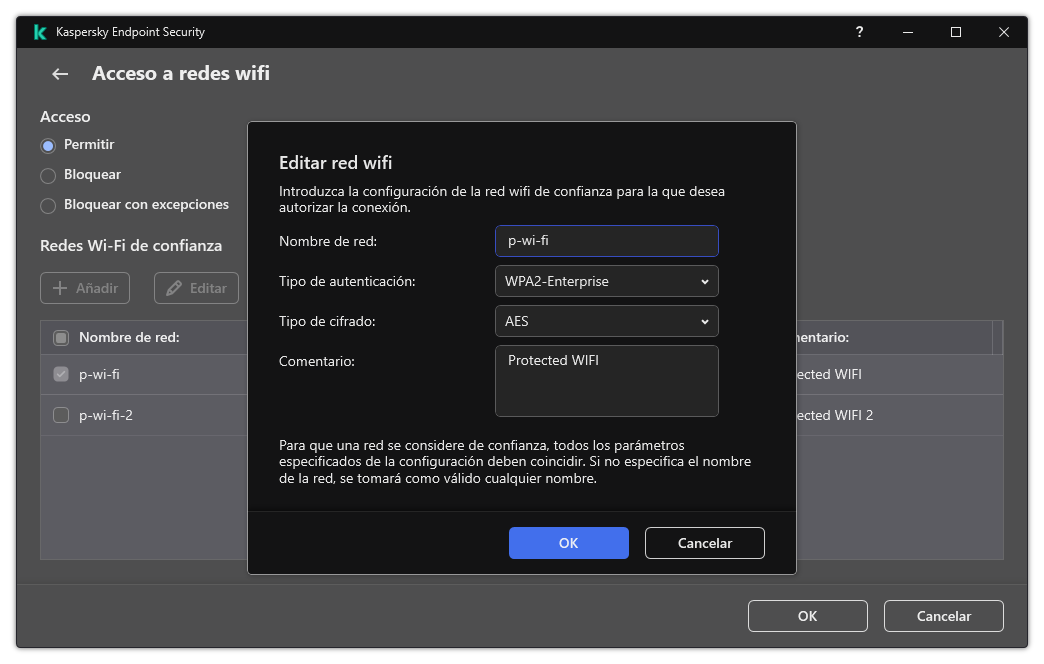 La ventana contiene la configuración de la red wifi de confianza.