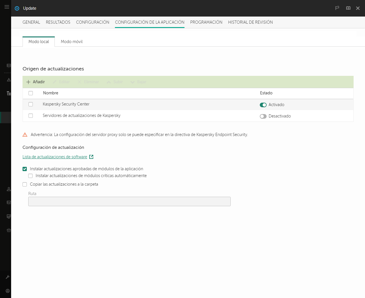Una ventana con la lista de fuentes de actualización. El usuario puede agregar fuentes de actualización y asignar una prioridad a la fuente.