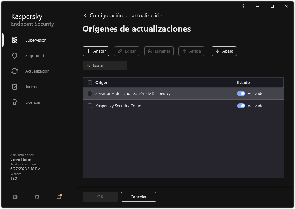 Una ventana con la lista de fuentes de actualización. El usuario puede agregar fuentes de actualización y asignar una prioridad a la fuente.