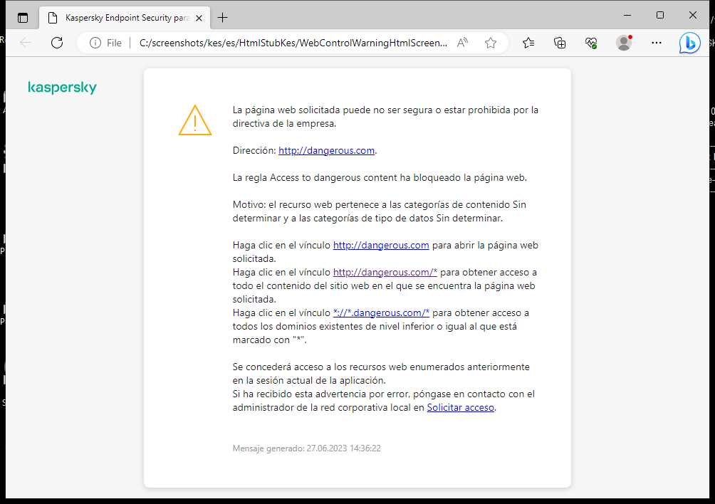 Notificación de Kaspersky sobre la visita a una página web potencialmente no segura en la ventana del navegador. El usuario puede crear una solicitud para acceder al recurso web.
