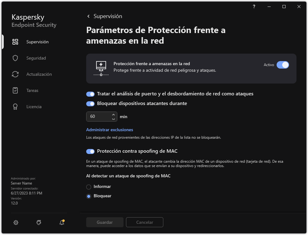 Ventana Parámetros de Protección frente a amenazas en la red