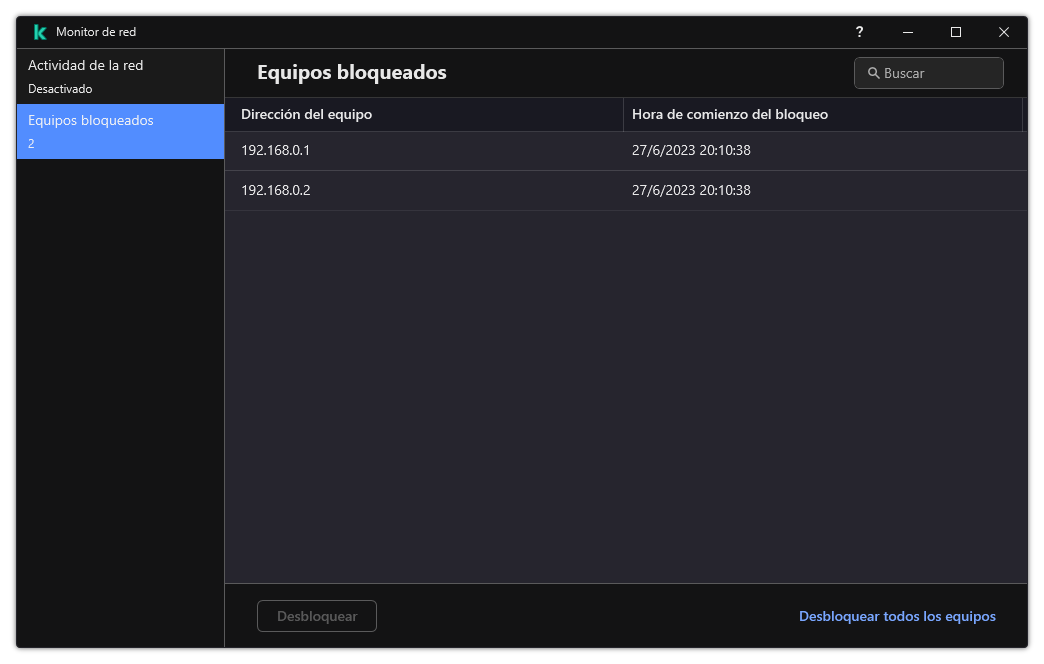 Ventana Monitor de red con una lista de equipos bloqueados. Puede desbloquear equipos individuales o todos los equipos.