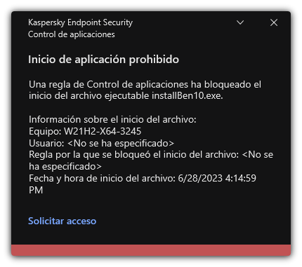 Notificación sobre el inicio de aplicaciones bloqueadas. El usuario puede crear una solicitud para iniciar la aplicación.