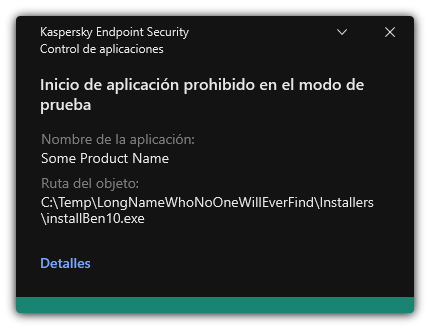 Notificación de que el inicio de la aplicación está prohibido en el modo de prueba. El usuario puede ver información detallada sobre la regla.
