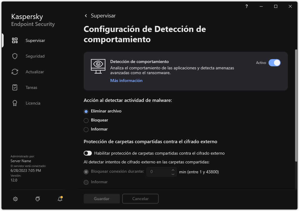 Ventana de configuración de Detección de comportamiento.