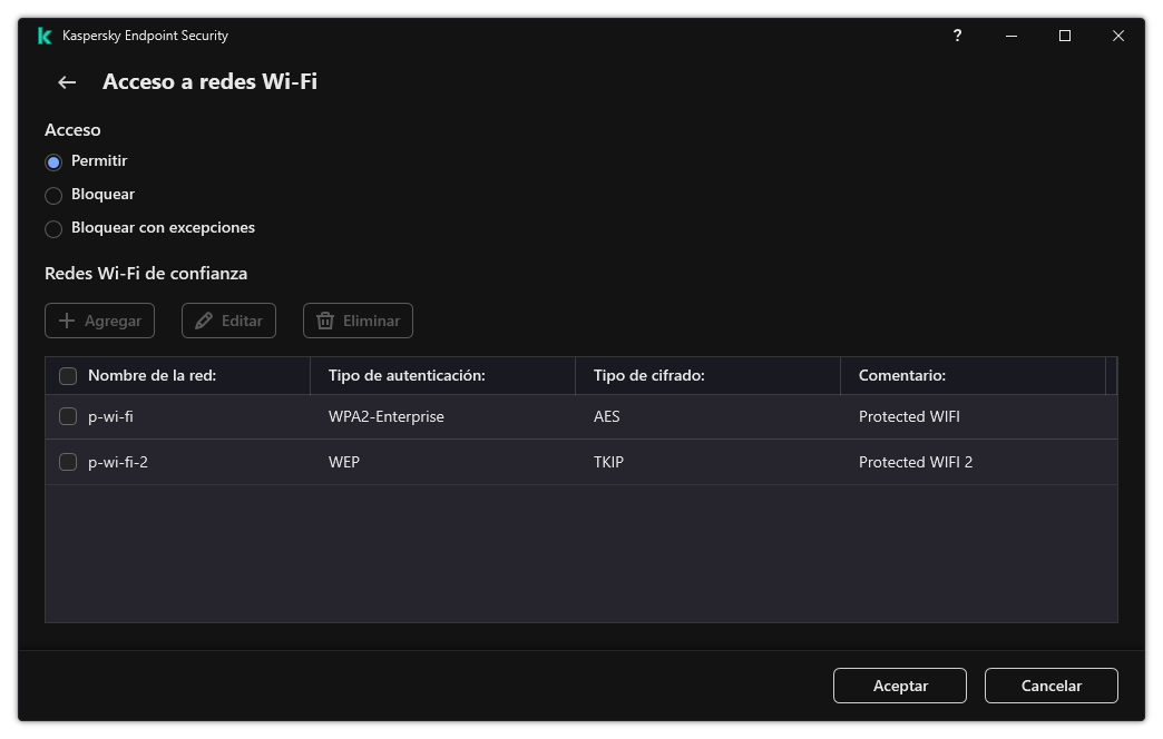 Ventana con una lista de redes Wi-Fi. El usuario puede configurar el acceso a todas las redes Wi-Fi y agregar redes Wi-Fi de confianza.