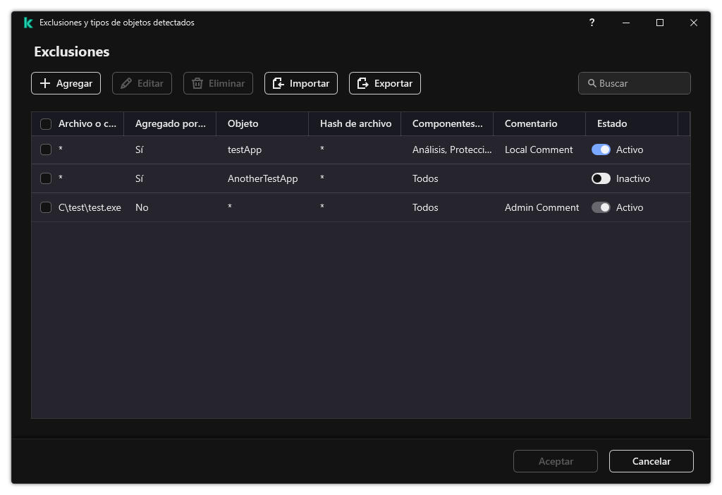 Una ventana con la lista de exclusiones. Se muestran las propiedades de exclusión. El usuario puede agregar, editar o eliminar exclusiones.