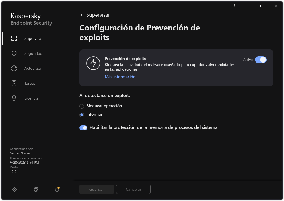 Ventana de configuración de Prevención de exploits