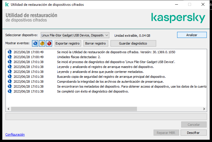 Una ventana con la lista de eventos de utilidad. El usuario puede ejecutar diagnósticos y descifrar el dispositivo seleccionado.