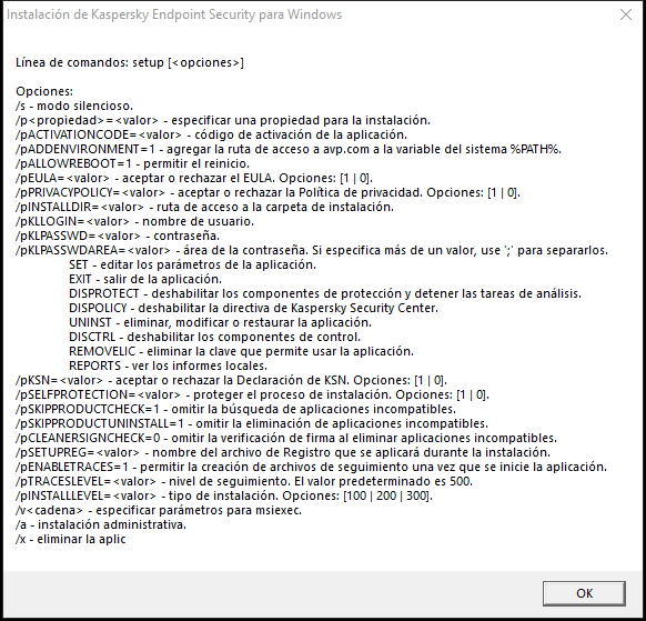 Ventana de información sobre herramientas en la que se describen las opciones de comando para instalar la aplicación a través de CMD.