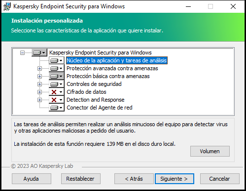 Ventana del instalador que contiene una lista de componentes que un usuario puede seleccionar.