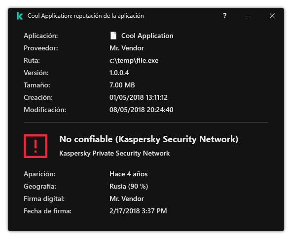 La ventana contiene información sobre la reputación del archivo y otros datos, como la presencia de una firma digital.