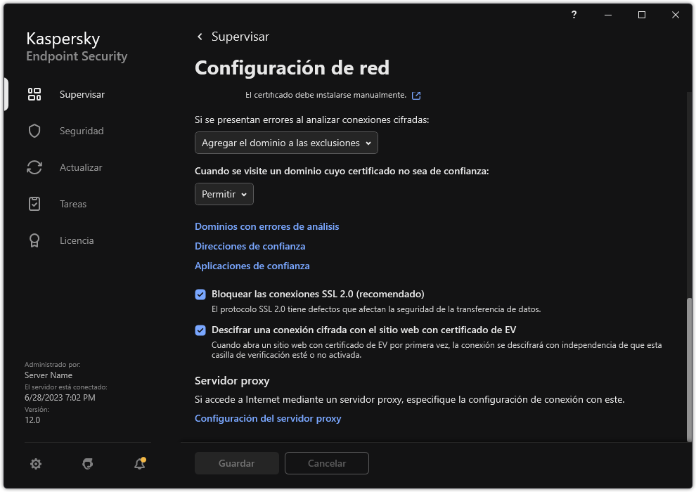 Ventana Configuración de red de la aplicación.