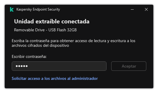 La ventana contiene un campo de entrada de contraseña. El usuario puede crear una solicitud de acceso de archivo.