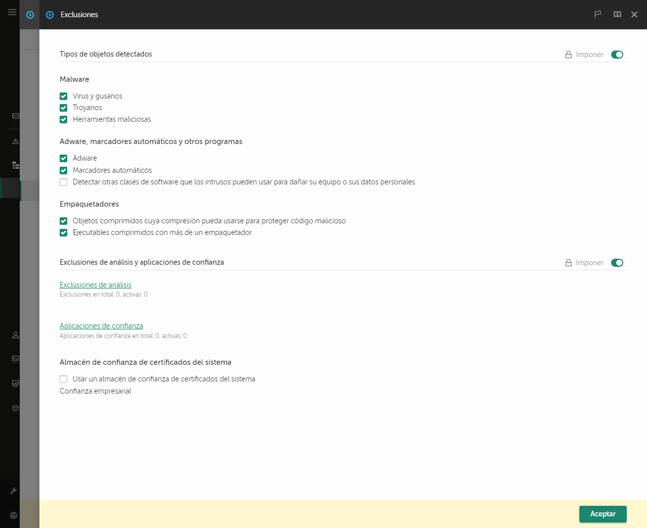 Ventana Configuración de exclusiones. El usuario puede agregar exclusiones y aplicaciones de confianza.