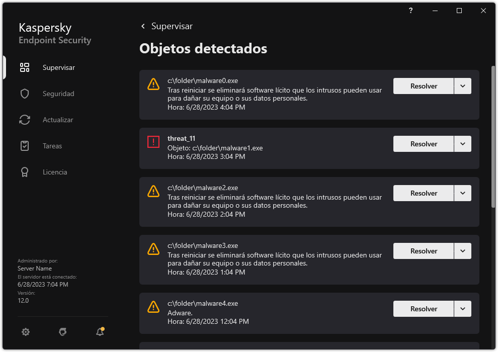 Una ventana con la lista de objetos detectados. Se muestra información sobre el objeto. El usuario puede resolver o quitar el objeto.