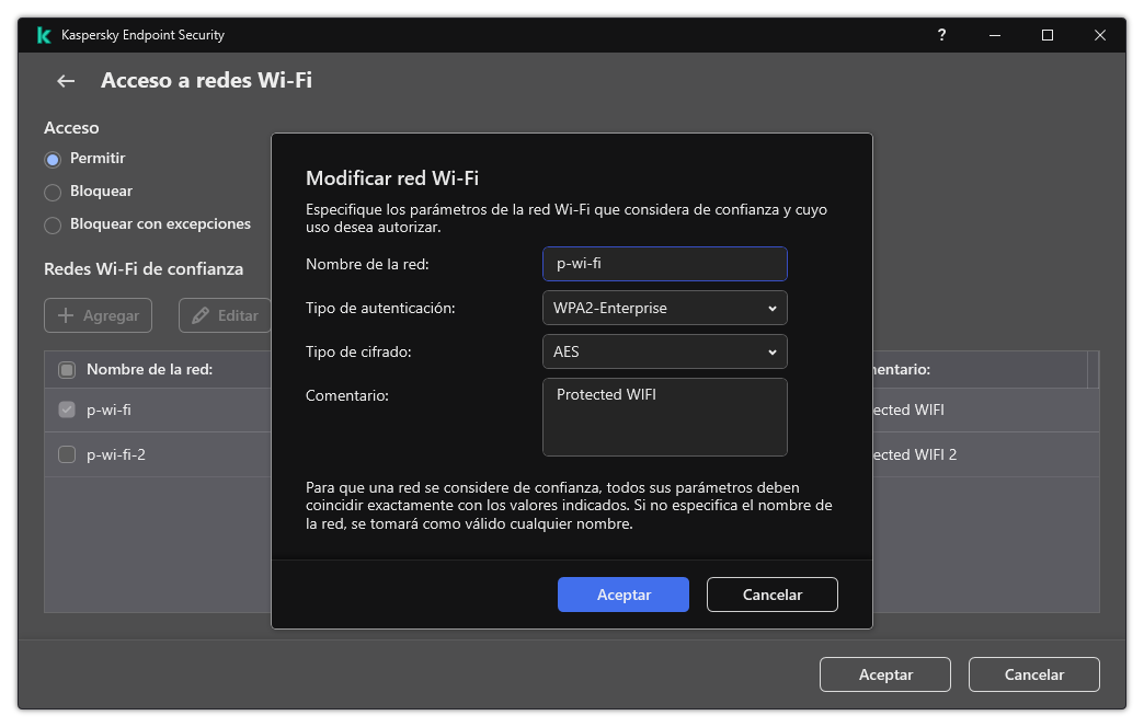 La ventana contiene la configuración de la red Wi-Fi de confianza.