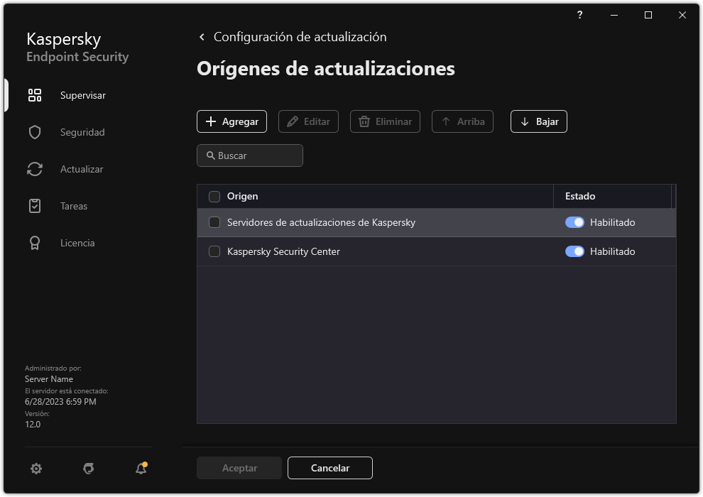 Una ventana con la lista de orígenes de actualizaciones. El usuario puede agregar orígenes de actualizaciones y asignar una prioridad a la fuente.