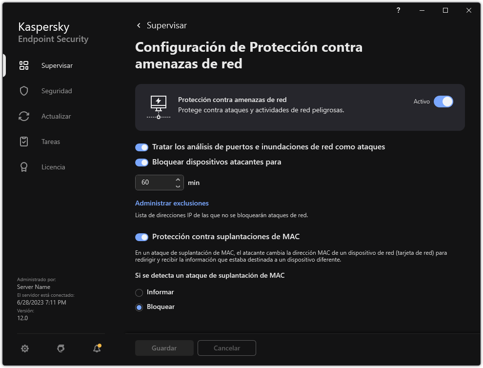 Ventana de configuración de Protección contra amenazas de red