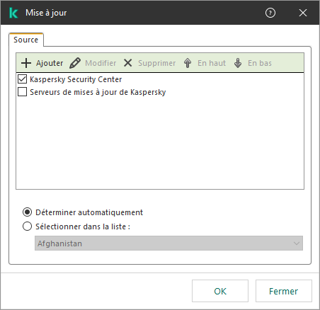 Une fenêtre avec la liste des sources de mises à jour. L'utilisateur peut ajouter des sources de mises à jour et attribuer une priorité à la source.