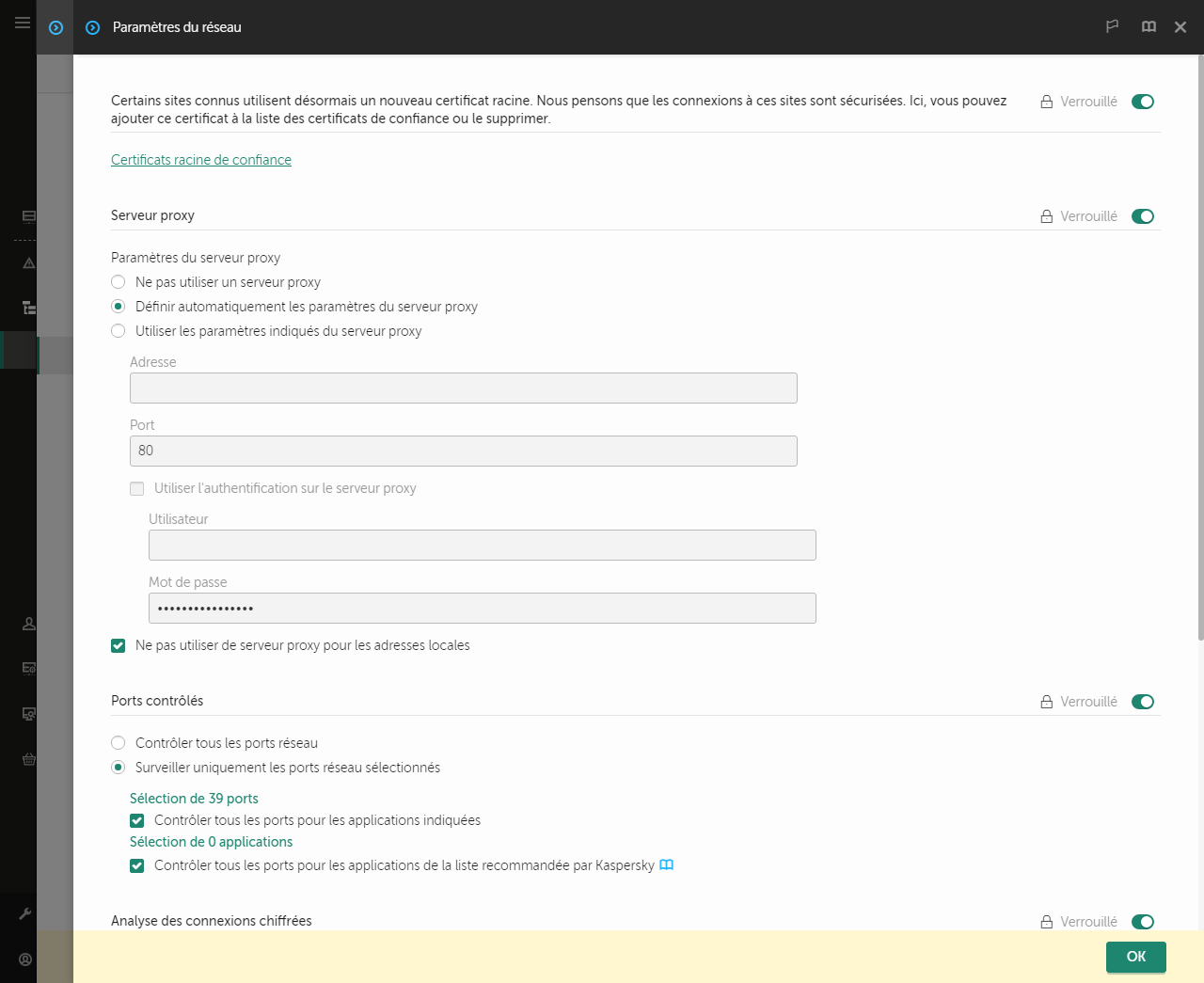 Fenêtre des paramètres réseau des applications. L'utilisateur peut configurer les paramètres du serveur proxy.