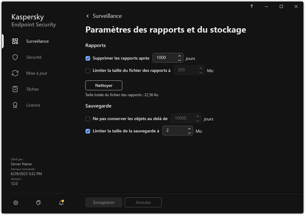 Fenêtre des paramètres des rapports et du stockage. L'utilisateur peut définir la taille, et limiter la durée de stockage des rapports et des objets dans le stockage.