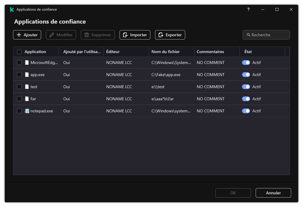 Une fenêtre avec la liste des applications de confiance. L'utilisateur peut ajouter, modifier ou supprimer une application de confiance.