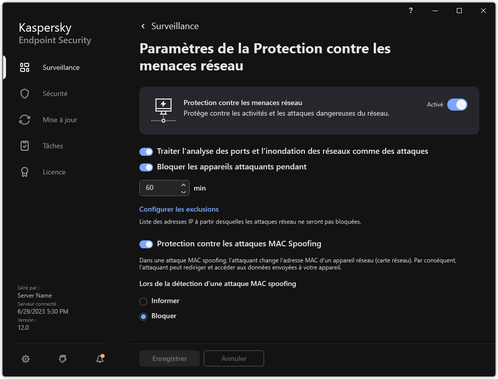 Fenêtre des paramètres de la Protection contre les menaces réseau