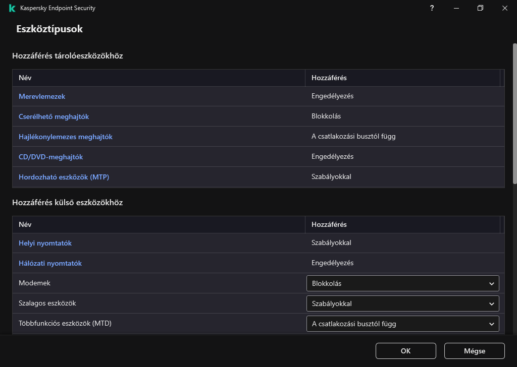 Az eszközökhöz való hozzáférés konfigurálására szolgáló ablak. A felhasználó konfigurálhatja a hozzáférést az eszközökhöz, és beállíthat további hozzáférési paramétereket, például a hozzáférési ütemezést.