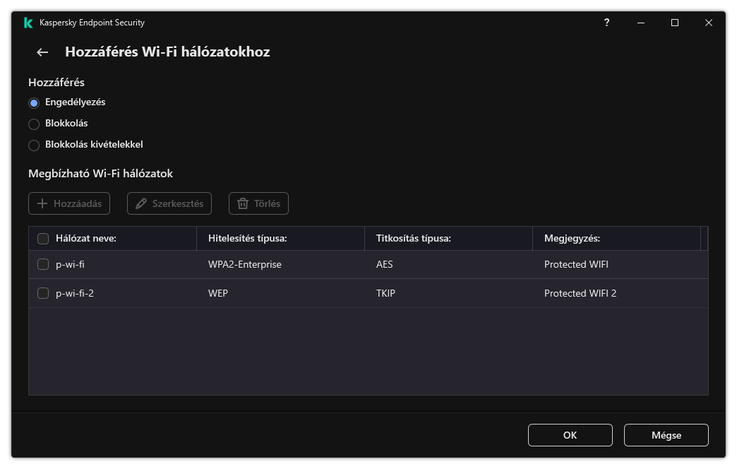 Ablak a Wi-Fi hálózatok listájával. A felhasználó konfigurálhatja az összes Wi-Fi hálózathoz való hozzáférést, és megbízható Wi-Fi hálózatokat vehet fel.