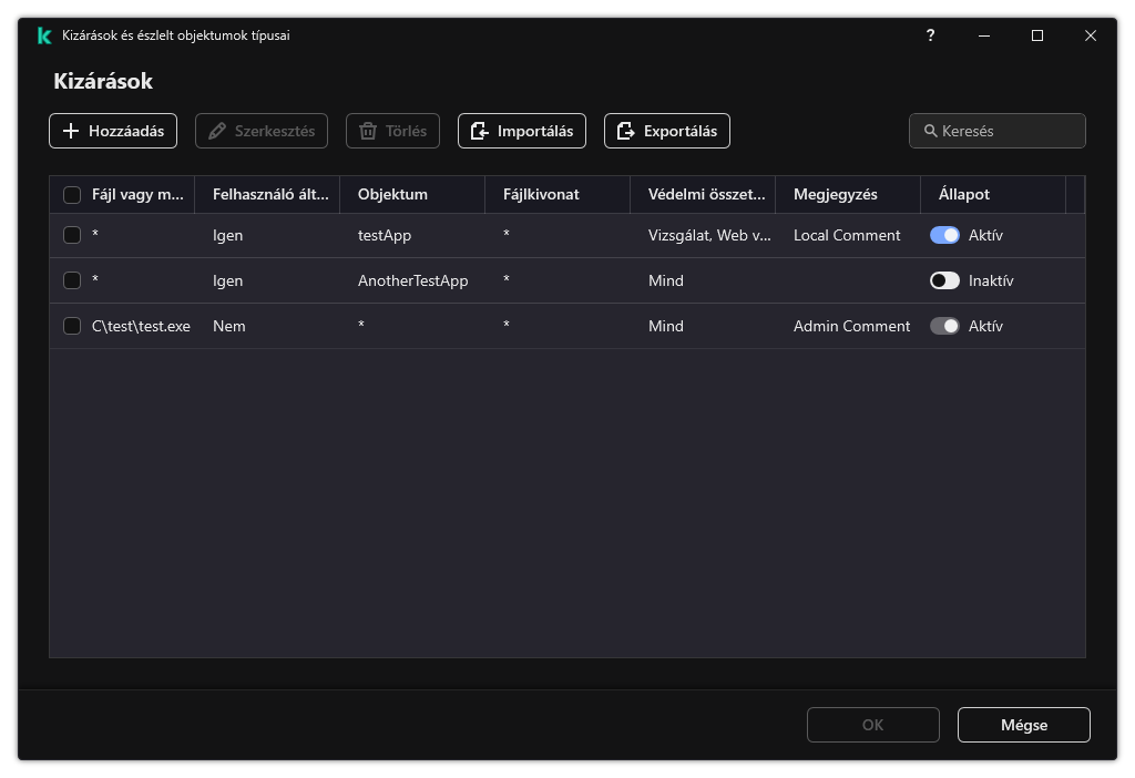 Egy ablak a kizárások listájával. Megjelennek a kizárási tulajdonságok. A felhasználó hozzáadhat, szerkeszthet vagy törölhet kizárásokat.