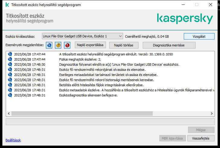 Egy ablak a segédprogram eseményeinek listájával. A felhasználó diagnosztikát futtathat és visszafejtheti a kiválasztott eszközt.