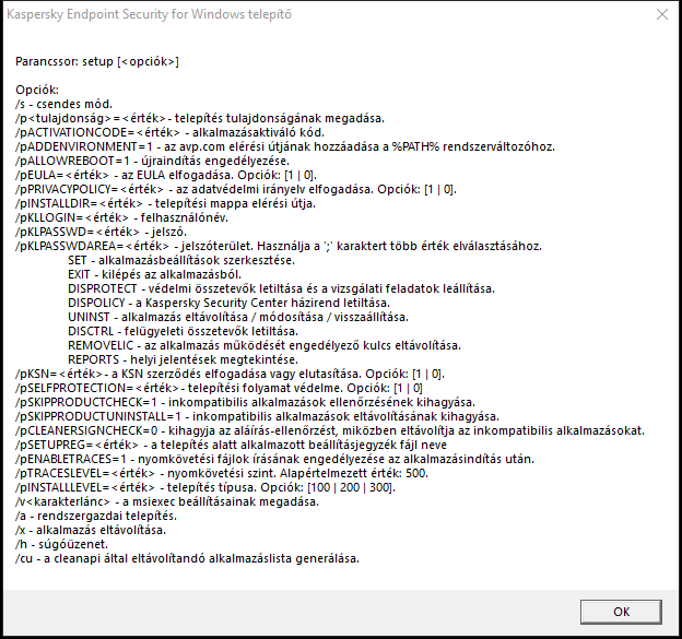 Elemleírás ablak, amely ismerteti az alkalmazás parancssoron keresztüli telepítésének beállításait.