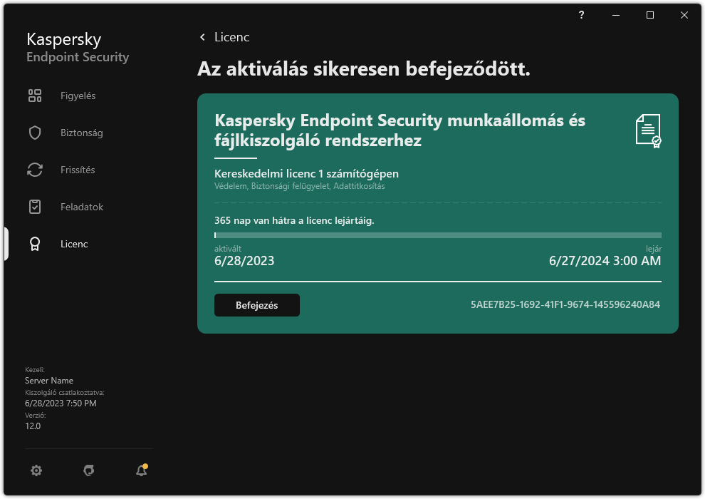Az ablak a licencre vonatkozó információkat tartalmazza: lejárat dátuma, elérhető funkciók és egyéb információk.