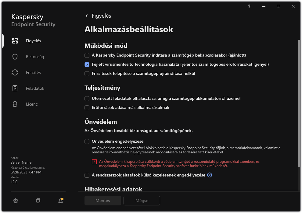 Alkalmazásbeállítások ablak. A felhasználó konfigurálhatja a teljesítményt, az önvédelmet és az egyéb beállításokat.