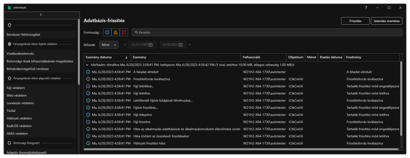 Egy ablak a jelentésben szereplő események listájával. A felhasználó szűrheti/rendezheti az eseményeket, és fájlba mentheti a jelentéseket.