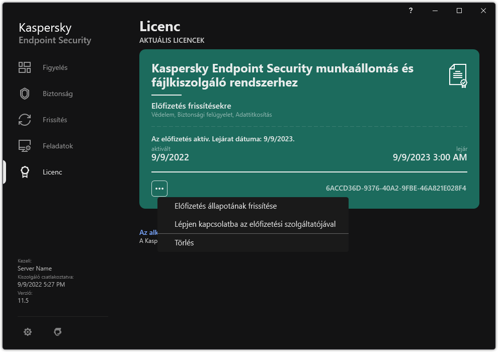 Ablak a licencre vonatkozó információkkal. A felhasználó frissítheti az előfizetés állapotát, kapcsolatba léphet az előfizetési szolgáltatóval, vagy eltávolíthatja a licencet.