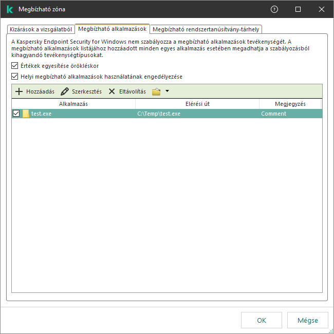 Egy ablak a megbízható alkalmazások listájával. A felhasználó hozzáadhat, szerkeszthet vagy eltávolíthat megbízható alkalmazásokat.