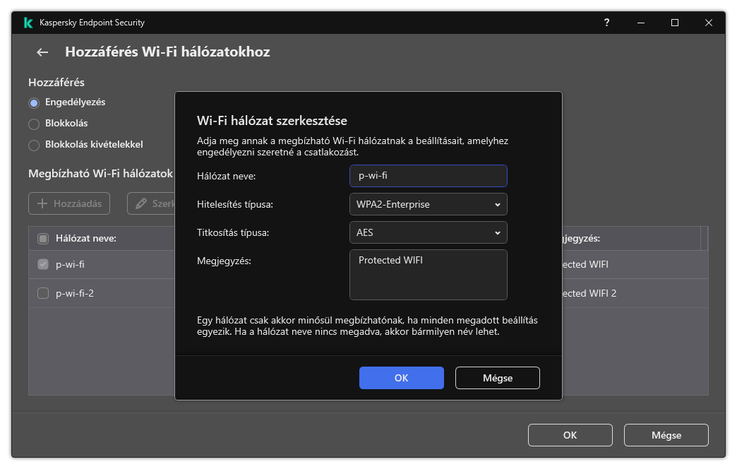 Az ablak a megbízható Wi-Fi hálózat beállításait tartalmazza.