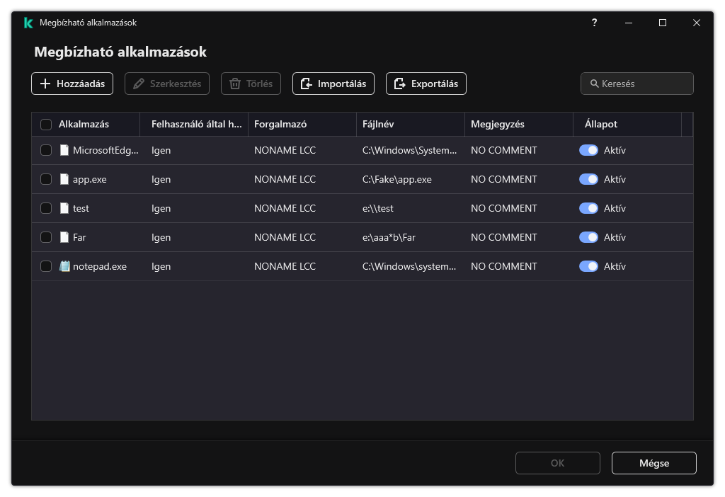Egy ablak a megbízható alkalmazások listájával. A felhasználó hozzáadhat, szerkeszthet vagy eltávolíthat megbízható alkalmazásokat.