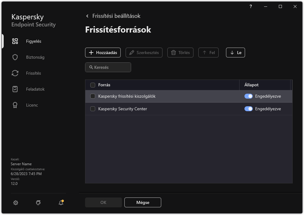 A frissítéőforrások listáját tartalmazó ablak. A felhasználó frissítési forrásokat adhat hozzá, és prioritást rendelhet a forráshoz.