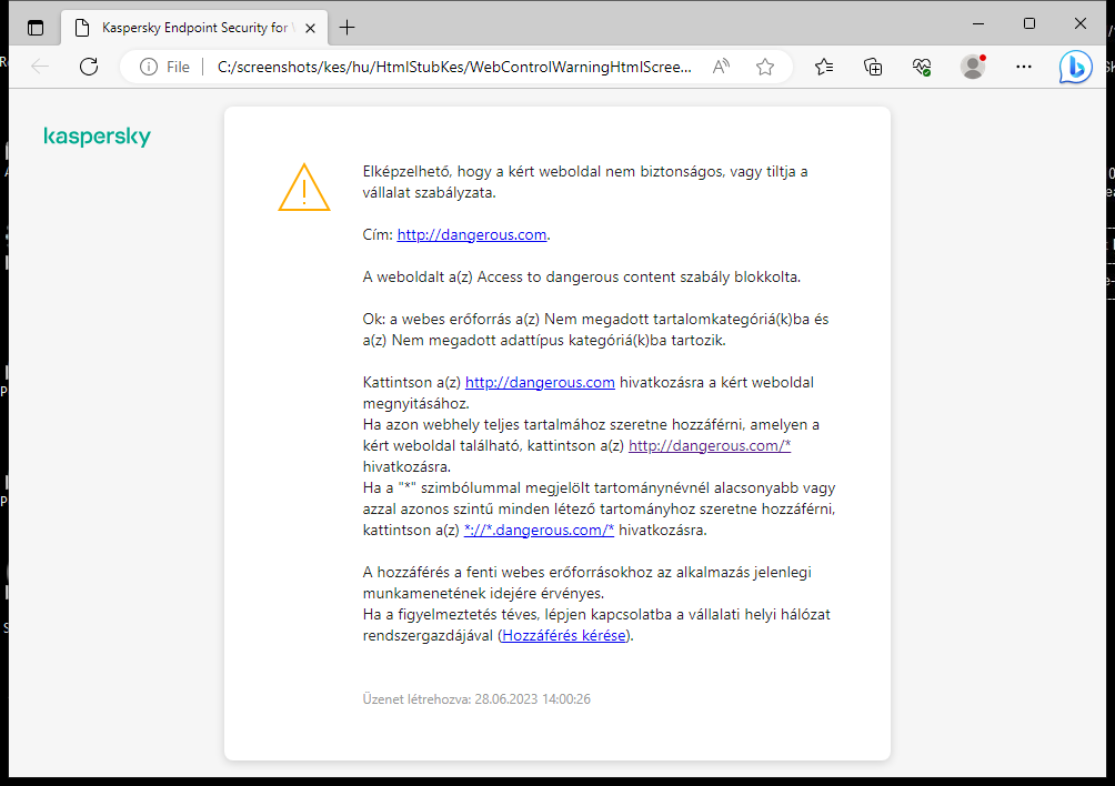 A Kaspersky értesítése egy esetlegesen nem biztonságos weboldal meglátogatásáról a böngészőablakban. A felhasználó kérést hozhat létre a webes erőforrás eléréséhez.