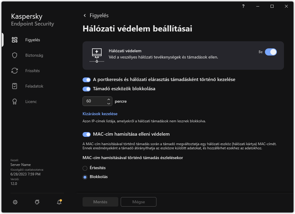 A Hálózati védelem beállításainak ablaka