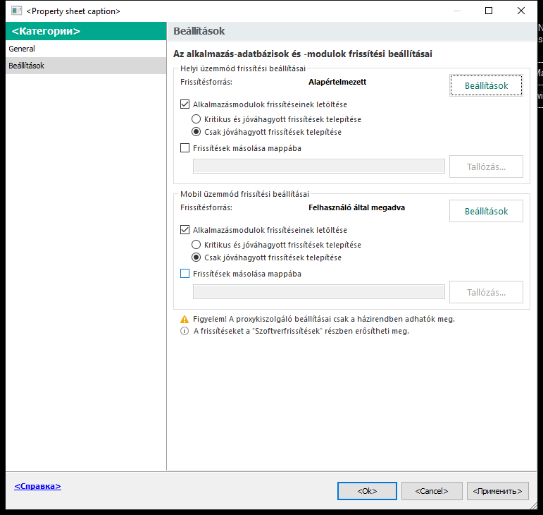 A Frissítés feladat beállításainak ablaka. A felhasználó helyi és mobil üzemmódban konfigurálhatja a frissítést.
