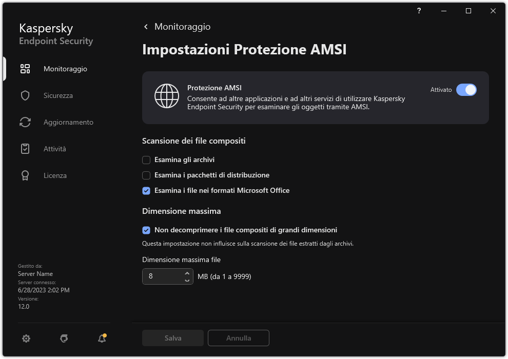Finestra Impostazioni Protezione AMSI.