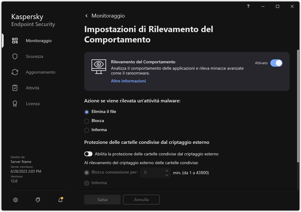 Finestra Impostazioni di Rilevamento del Comportamento.