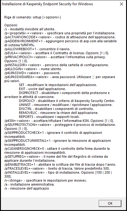 Finestra con le descrizioni delle opzioni di comando per installare l'applicazione tramite CMD.